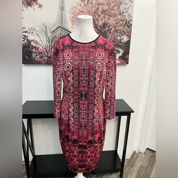 Maggy London Women’s Sheath Dress Size 14 Geometric Long Sleeve Zipper Back - Picture 2 of 12